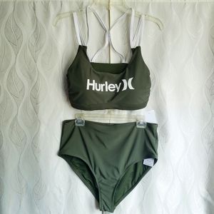 NWT Hurley Green High Waisted Strappy Back 2 Piece Bikini Swimsuit